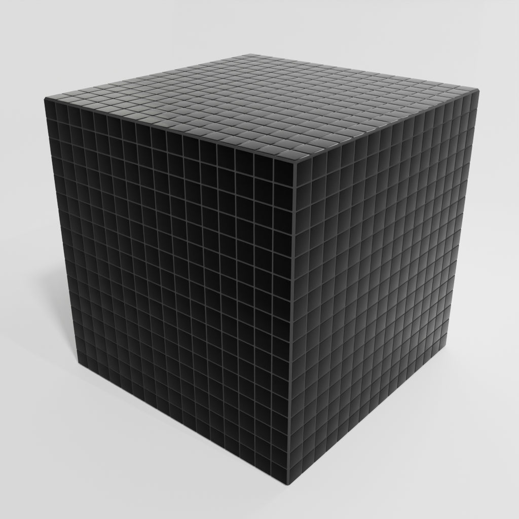 Black cube with grid pattern on a gray background